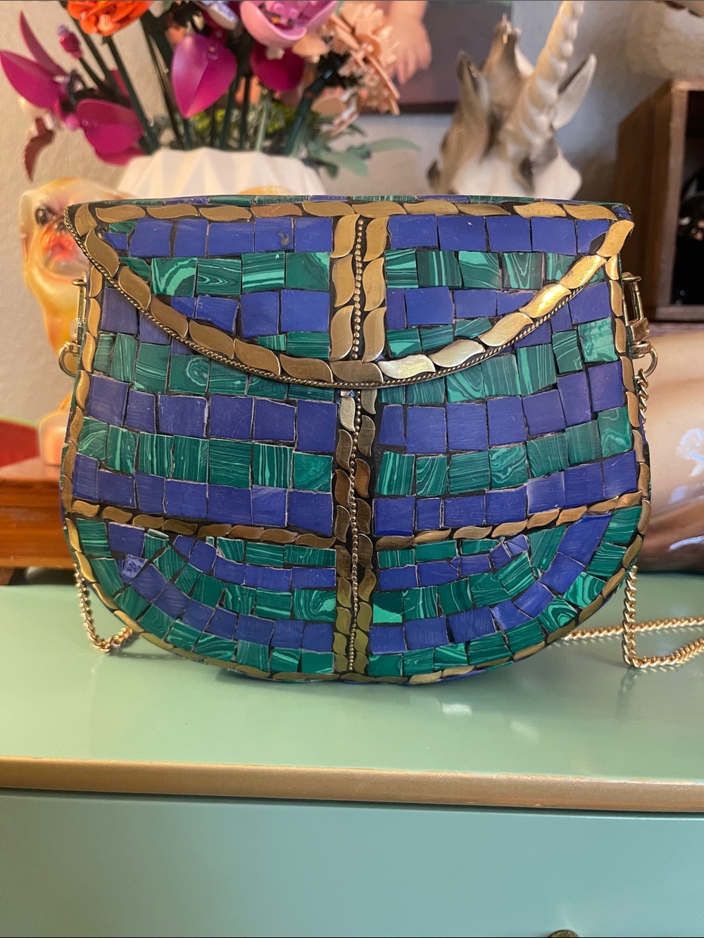 Ramla Blue, Green, and Gold Moroccan Mosaic bag NWOT